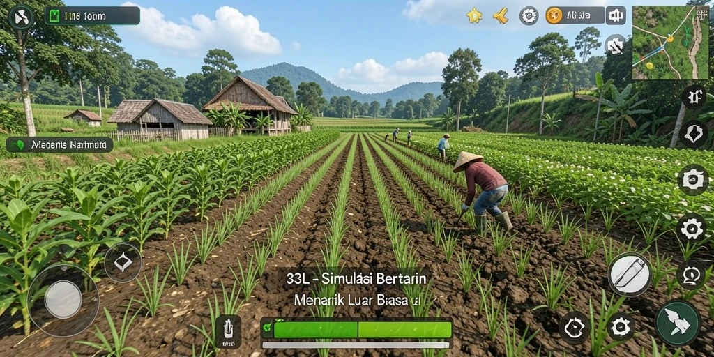 Tampilan menawan dari gameplay bertani di 33L dengan berbagai tanaman dan hewan.