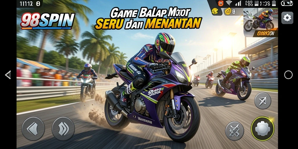 Tampilan seru gameplay 98SPIN dengan balapan motor menegangkan.