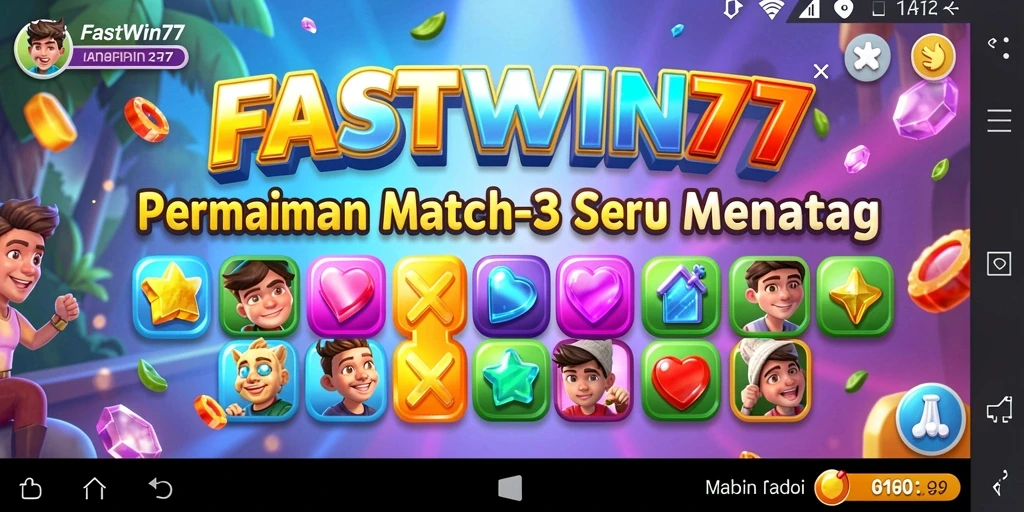 Screenshot FASTWIN77 menampilkan gameplay Match-3 yang seru dan penuh warna.