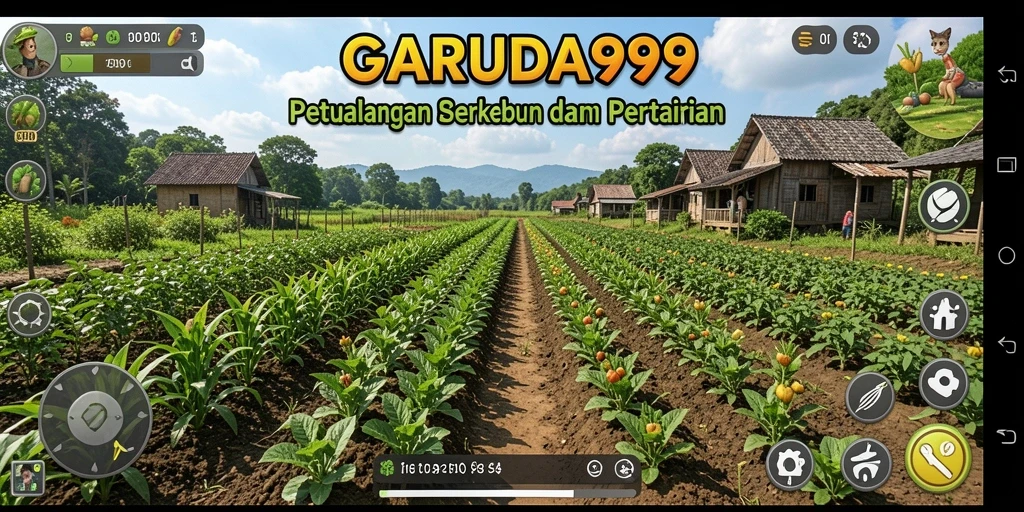 Screenshot gameplay GARUDA999 menampilkan kebun yang subur dan aktivitas berkebun.