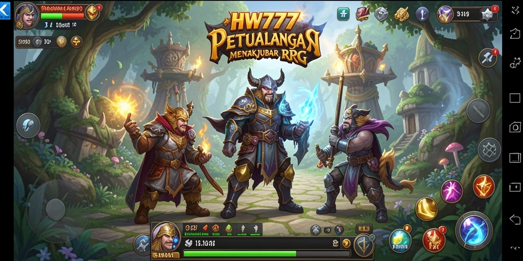 Tangkapan layar utama HW777 menampilkan pertempuran seru dalam dunia RPG.