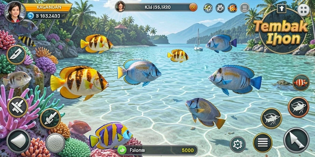 Tangkapan layar gameplay KAGANDAN menampilkan aksi Tembak Ikan yang seru.