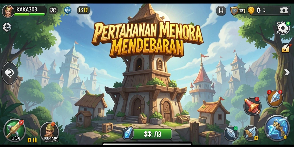 Screenshot gameplay KAKA303 menunjukkan pertempuran menara yang seru.