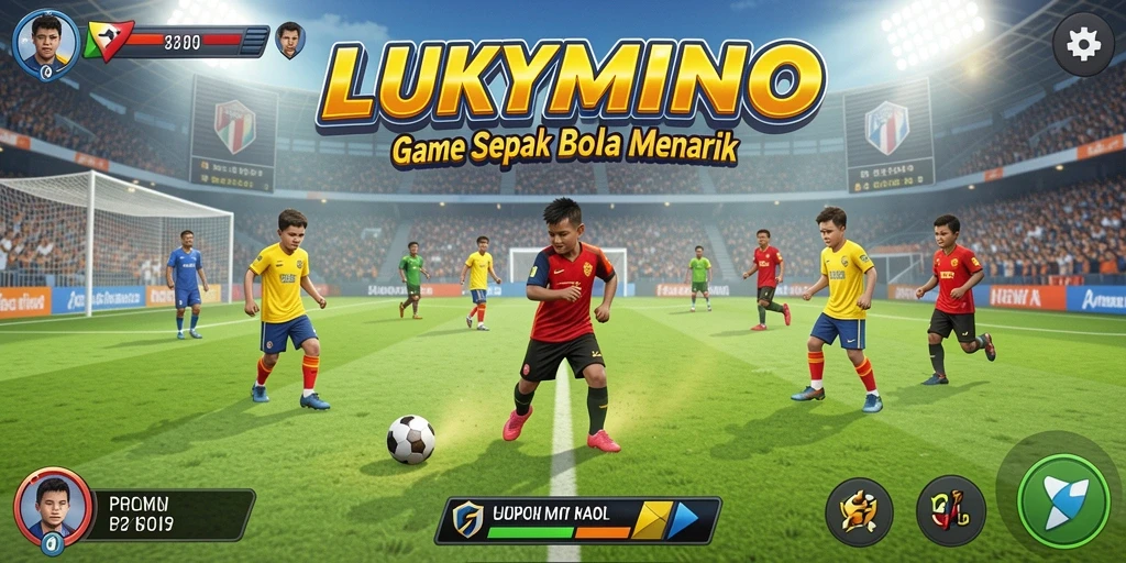 Screenshot gameplay LUKYMINO memperlihatkan aksi mendebarkan di lapangan sepak bola.