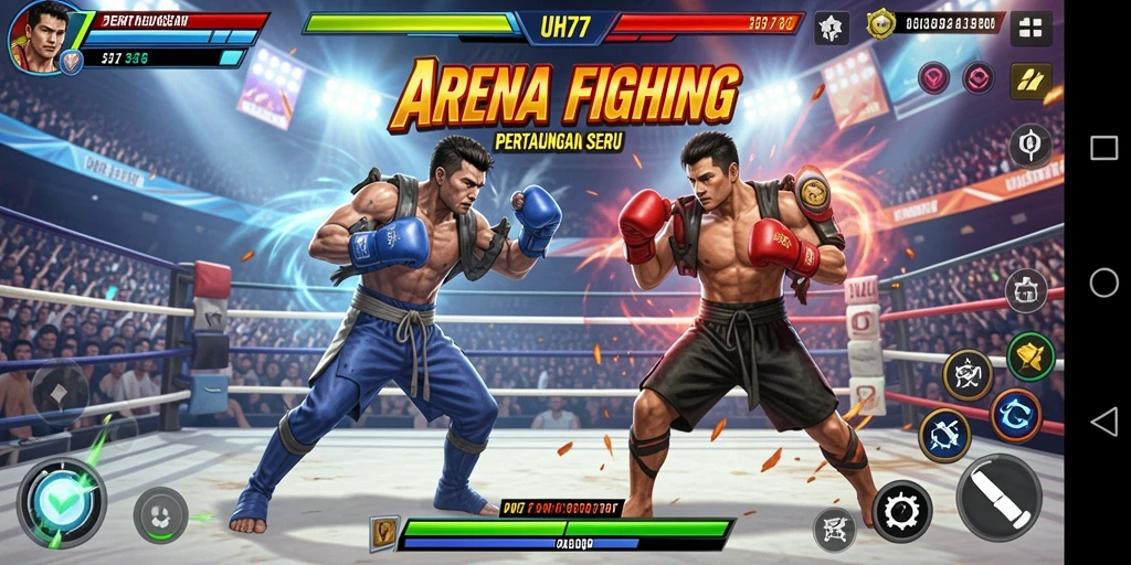 Screenshot UH77 menampilkan pertarungan mendebarkan antara dua karakter.
